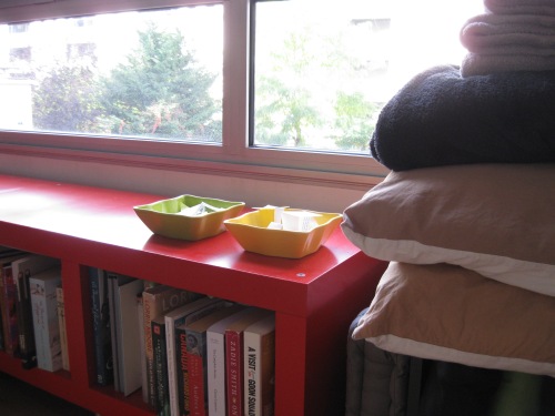 Cozy corner - pillows, blankets, cushions. Plus bowls full of writing prompts.